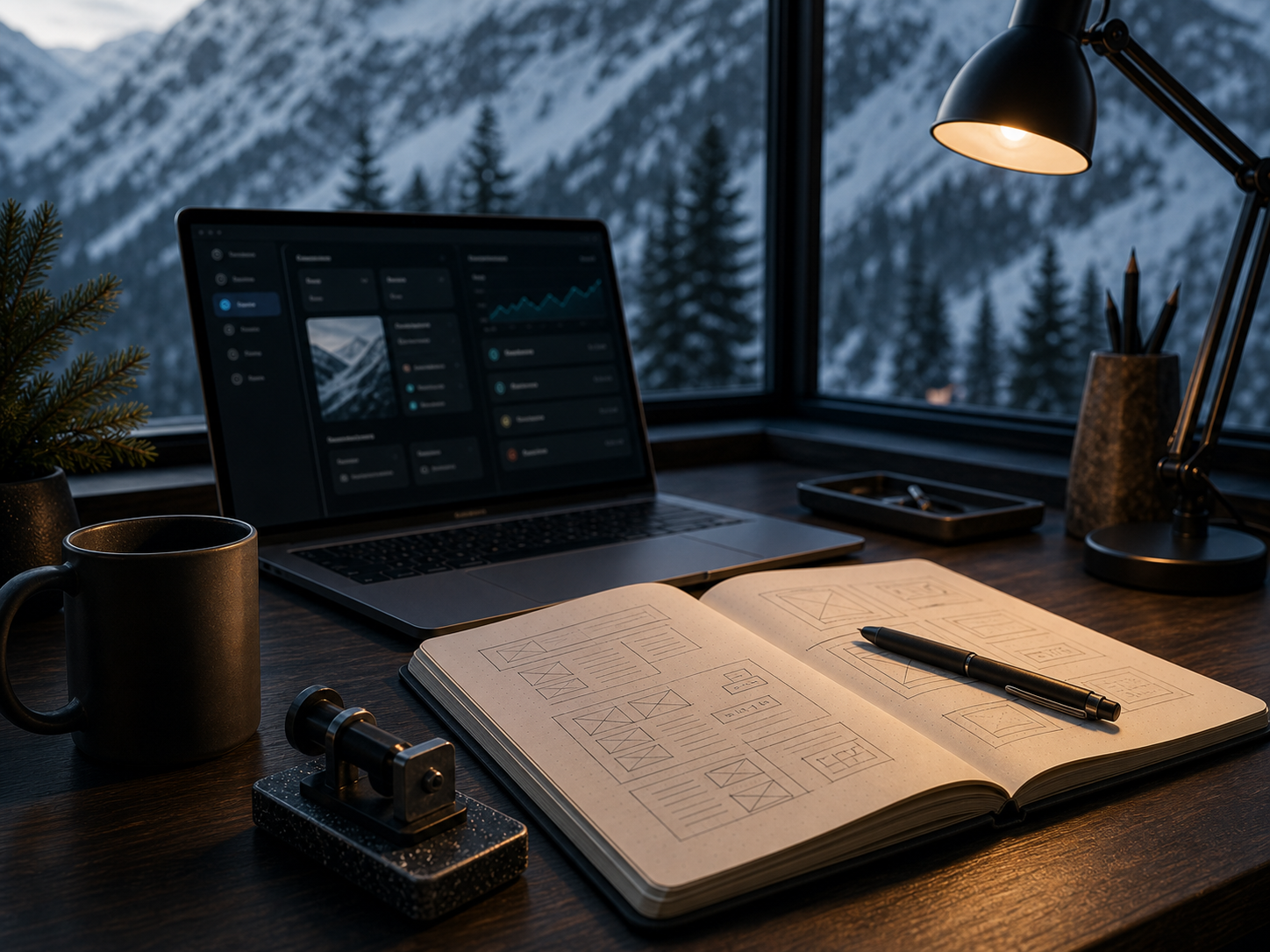 A warm alpine software desk with sketches and a laptop